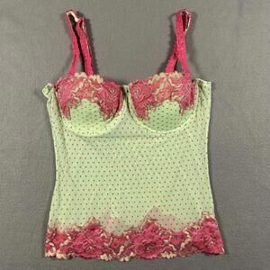 Women’s Top Bustier Green Pink Polka Dot Lace Y2K